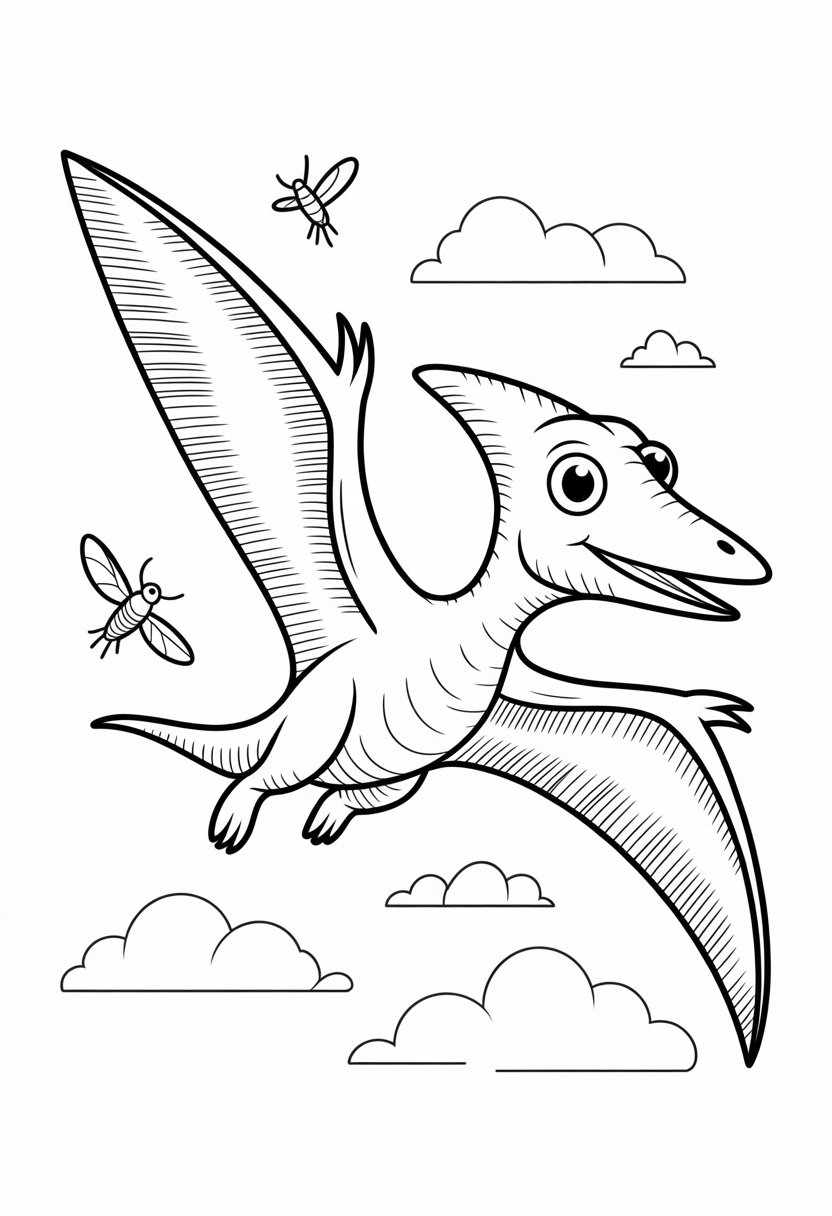 Cute Dinosaur Coloring Pages for Kids: 20 Fun and Easy Designs 27 A cute pterodactyl dinosaur flying with wings spread wide among clouds and small flying insects.